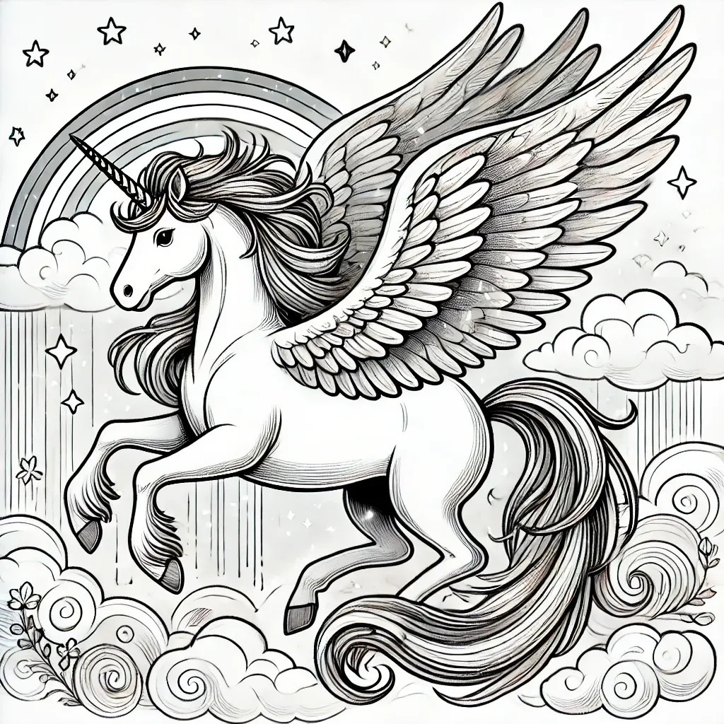 Alicorn Einhorn-Pegasus Ausmalbild Ein Alicorn-Einhorn-Pegasus, der durch die Wolken fliegt, mit einem Regenbogen im Hintergrund, perfekt für ein magisches und kreatives Ausmalerlebnis.