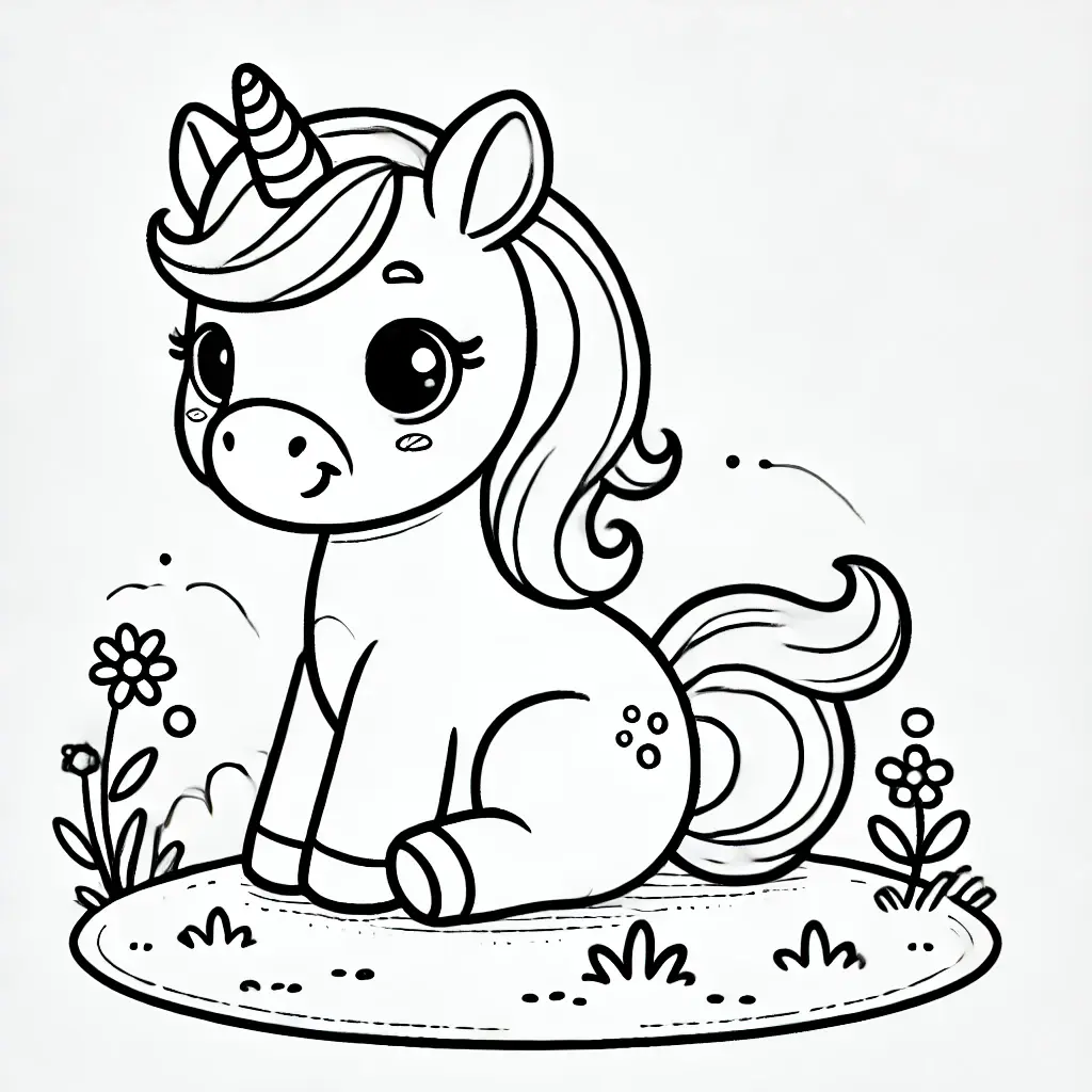 Niedliches Baby-Einhorn-Ausmalbild mit Blumen und Gras, perfekt zum Ausmalen für Kinder.