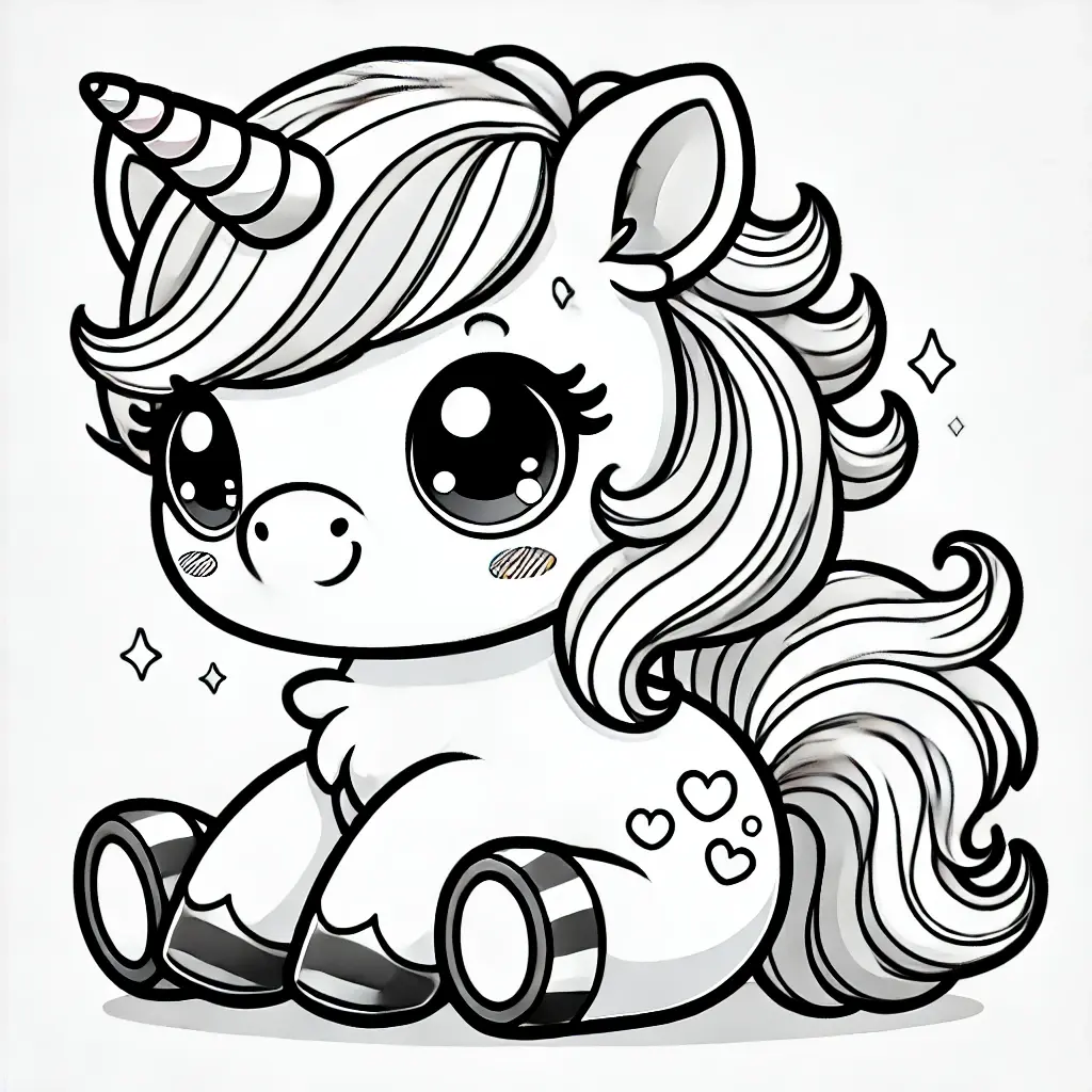 Kostenlose Kleine Baby Einhorn Kawaii Ausmalbild Niedliches Baby-Einhorn-Kawaii-Ausmalbild mit Herzen und Glitzer.