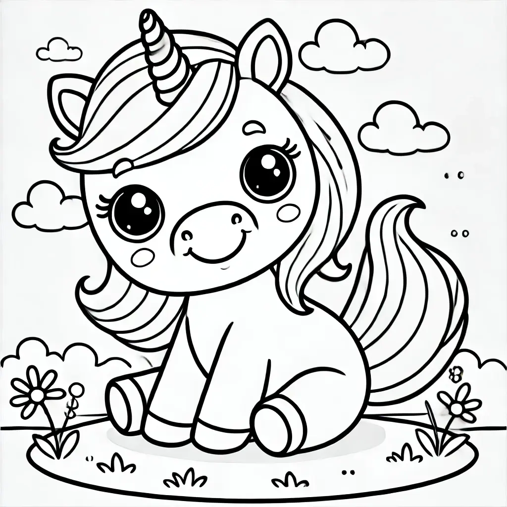 Kostenlose druckbare Baby Ausmalbilder Druckbare Baby-Einhorn-Malseite mit Wolken und Blumen für Kinder