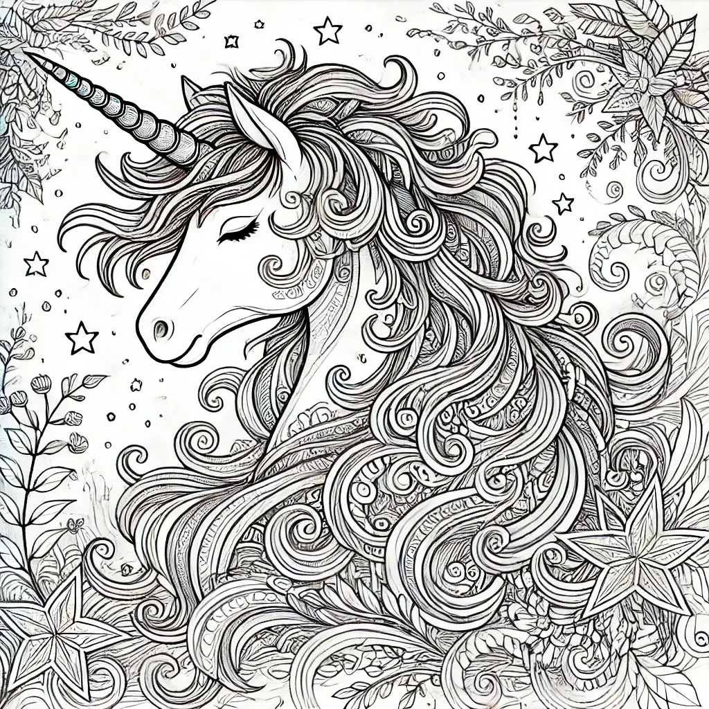 Einhorn Ausmalbilder für Erwachsene Detailreiches Einhorn-Ausmalbild für Erwachsene mit Blumen, Sternen und einem mondbeleuchteten Hintergrund.