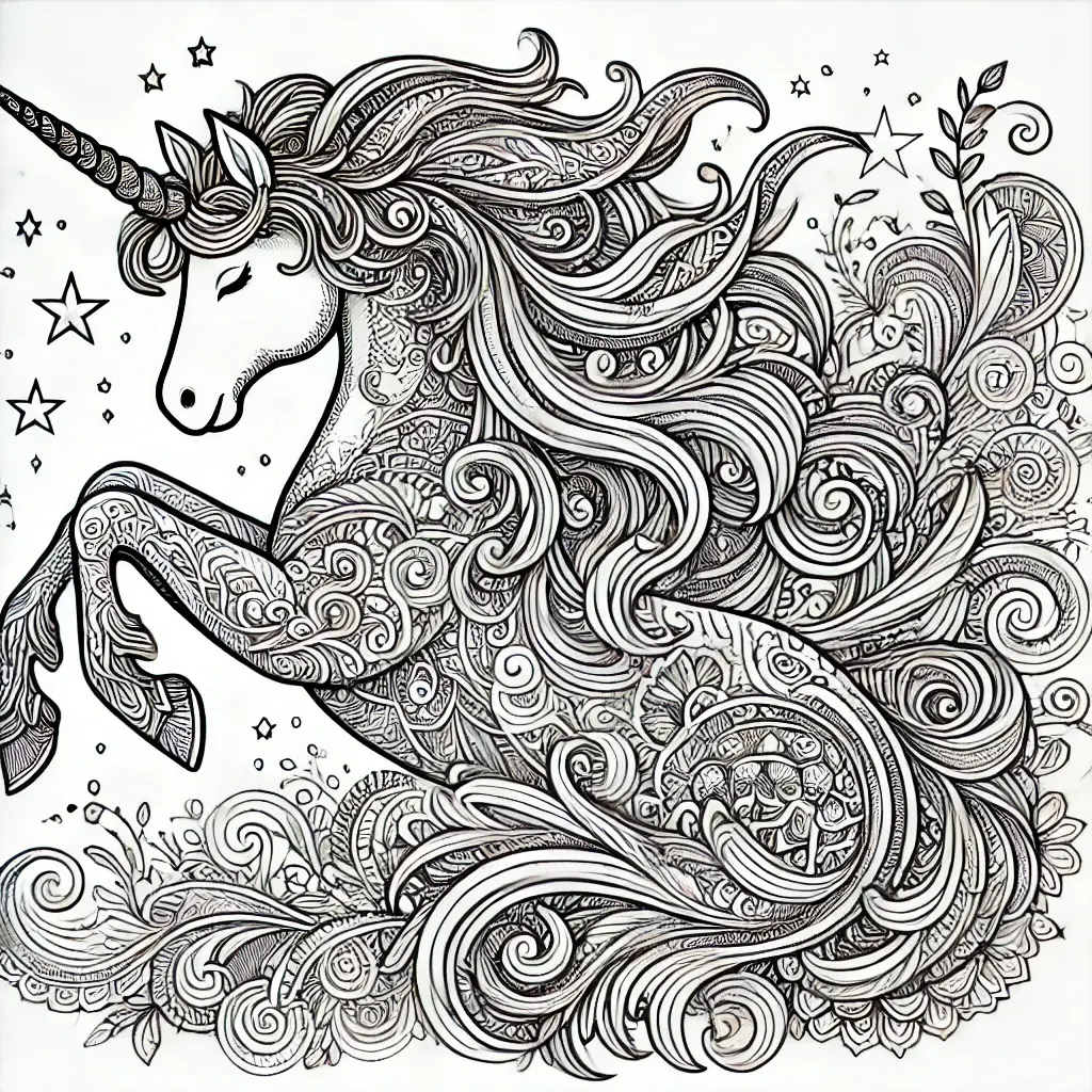 Detailreiches Einhorn-Ausmalbild für Erwachsene mit gewundener Mähne, Blumen und Sternen.