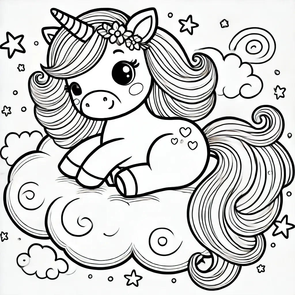 Einhorn sitzt auf einer Wolke Ausmalbild Ein Einhorn sitzt auf einer Wolke mit Sternen und Wirbeln, ideal für ein Ausmalbild.