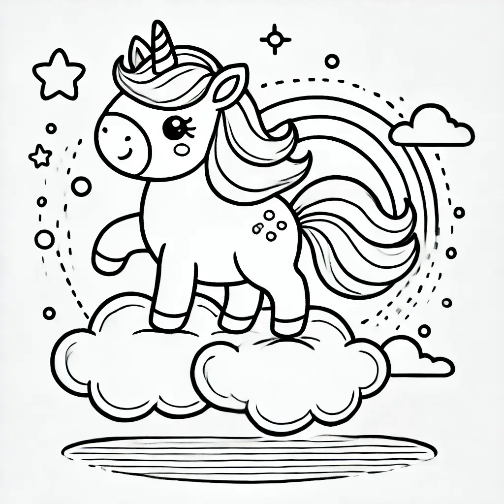 Einhorn Ausmalbild für Kinder Einhorn-Ausmalbild für Kinder mit Regenbogen, Wolken und Sternen.