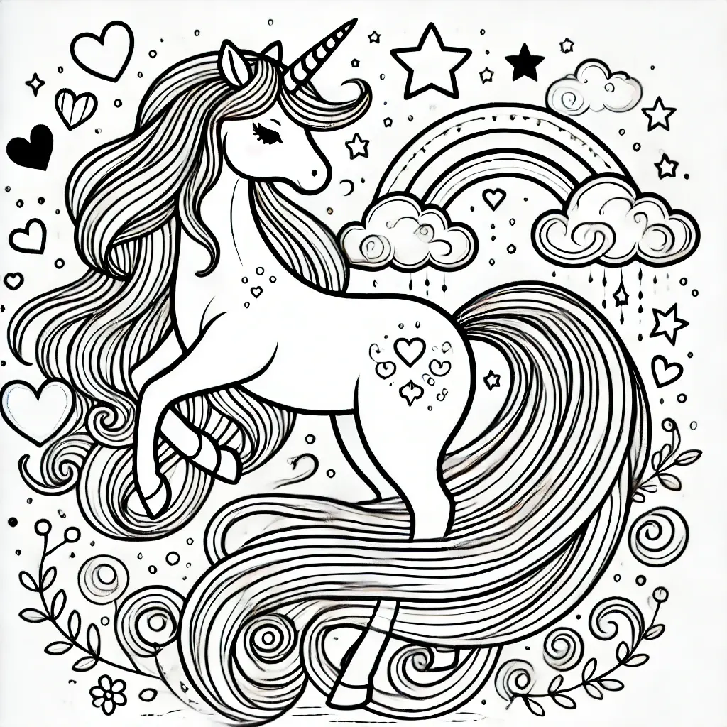 Einhorn Ausmalbilder für Mädchen Einhorn-Ausmalbild für Mädchen mit Herzen, Sternen, Regenbogen und Wolken.