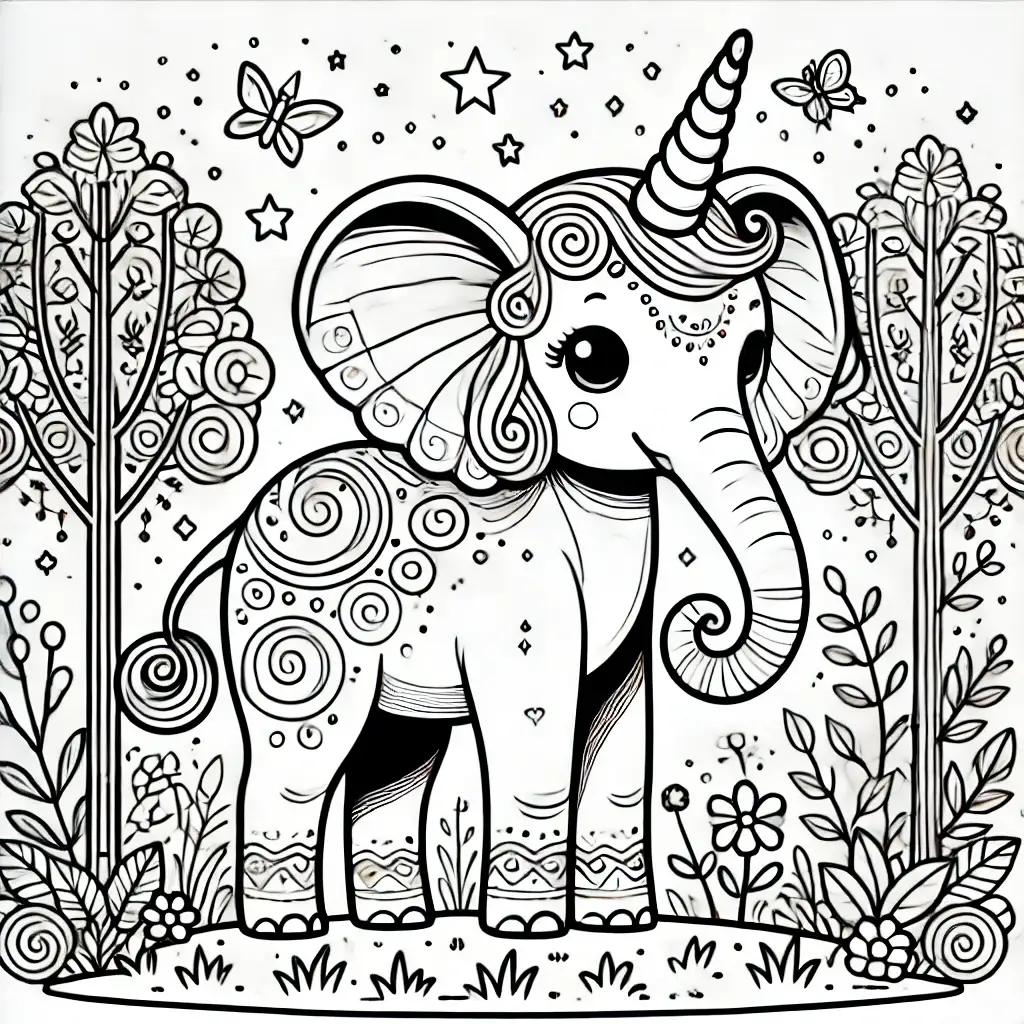 Einhorn Elefant Ausmalbild Einhorn-Elefant-Ausmalbild mit wirbelnden Mustern, Blumen und Schmetterlingen.