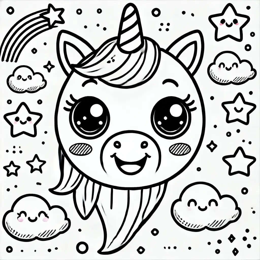 Einhorn Emoji Ausmalbilder Einhorn-Emoji-Ausmalbild mit süßem Gesicht, Sternen, Wolken und einem Regenbogen.