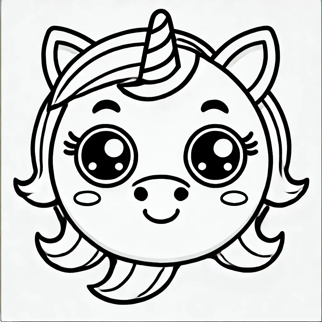 Einhorn-Emoji-Kopf-Ausmalbild mit großen Augen und einem niedlichen Ausdruck.