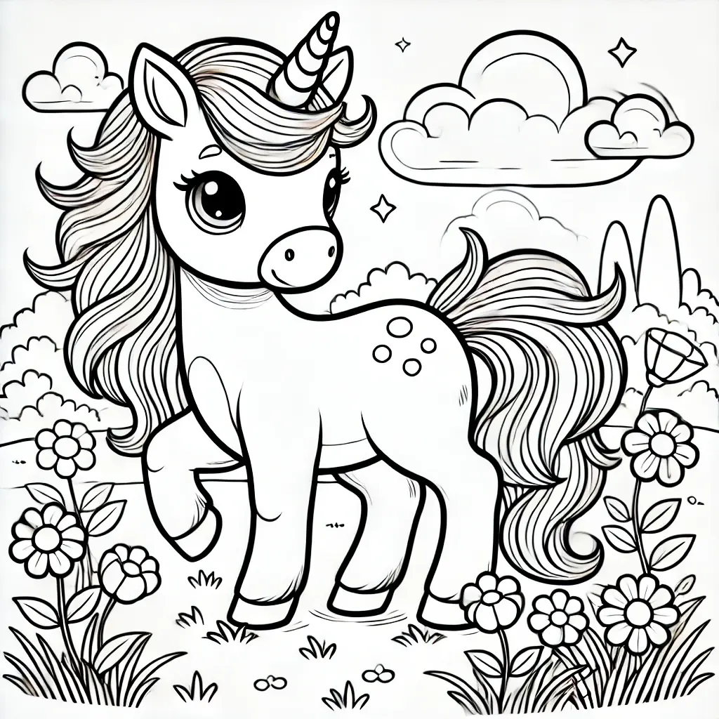 Einhorn Fohlen als Ausmalbild für Kinder Einhorn-Fohlen-Ausmalbild für Kinder mit Blumen, Wolken und Sternen.