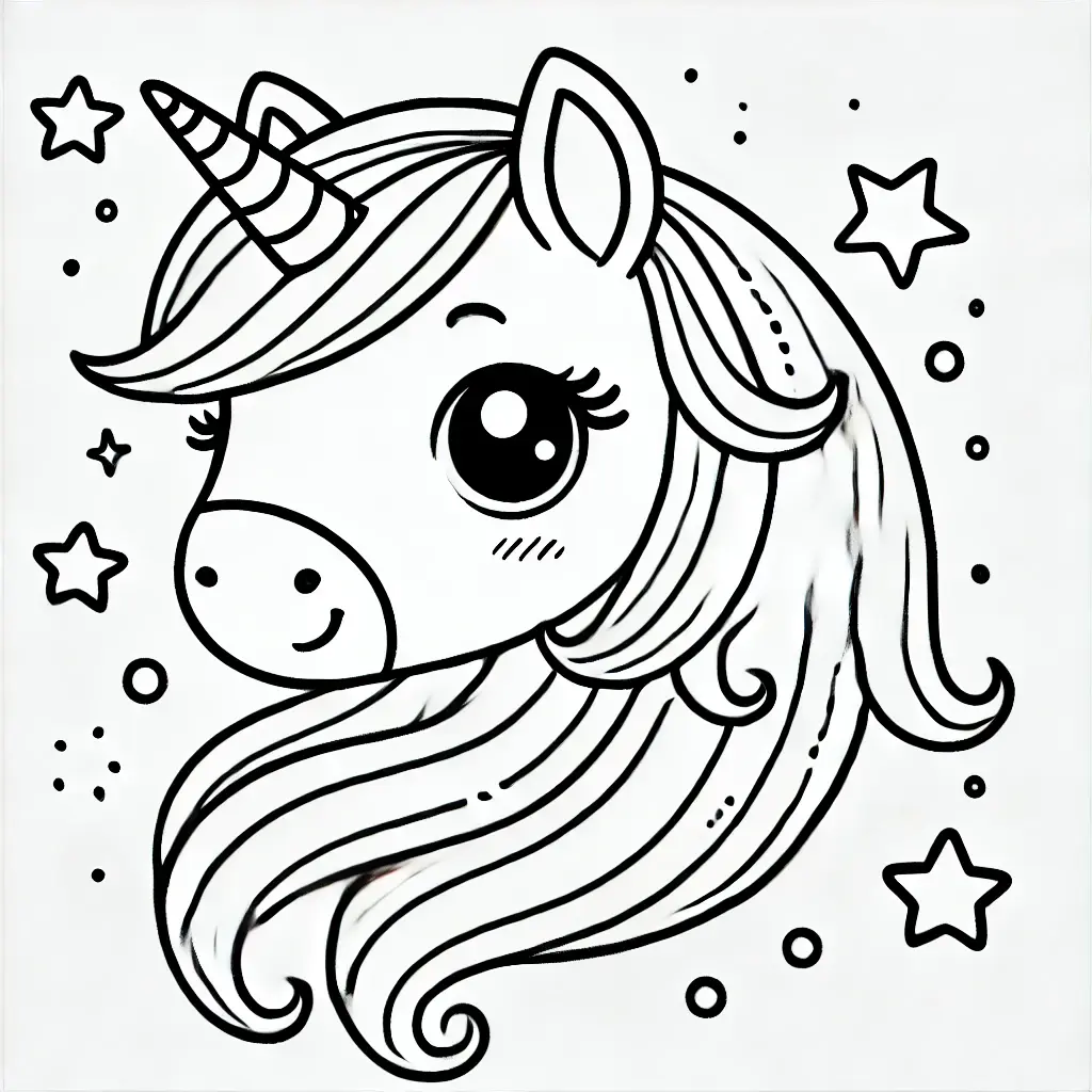 Einhorn-Gesicht-Ausmalbild mit großen Augen, Horn und Sternen darum.
