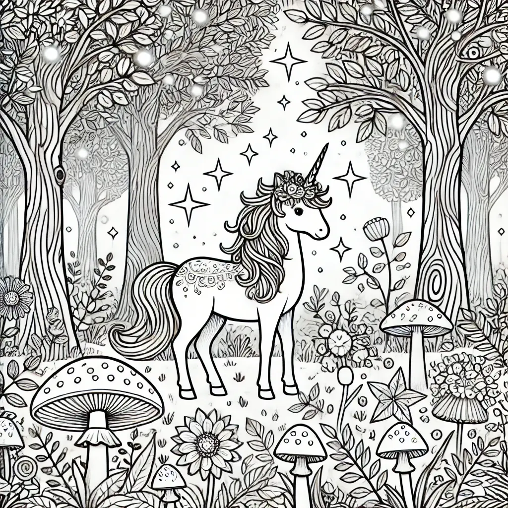 Einhorn im magischen Wald Ausmalbild Ausmalbild mit Einhorn im magischen Wald, umgeben von Bäumen, Pilzen, Blumen und Sternen.