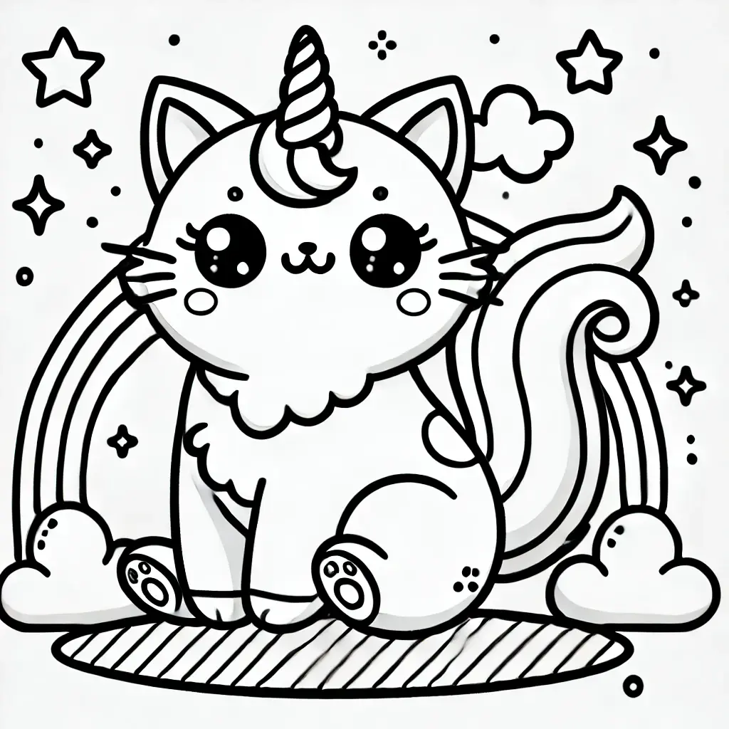 Einhorn Katze Ausmalbild Einhorn-Katze-Ausmalbild mit Regenbogen, Sternen und einem flauschigen Schwanz.