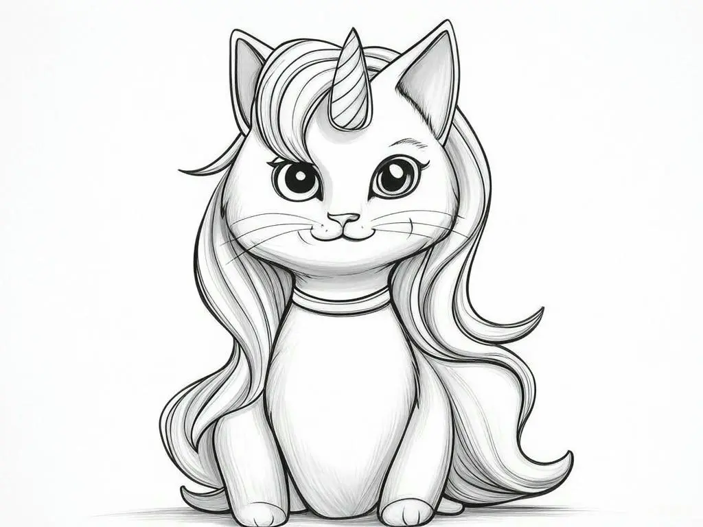Einhorn Katze Ausmalbild Einhorn-Katze-Ausmalbild mit langen Haaren und einem niedlichen Horn.
