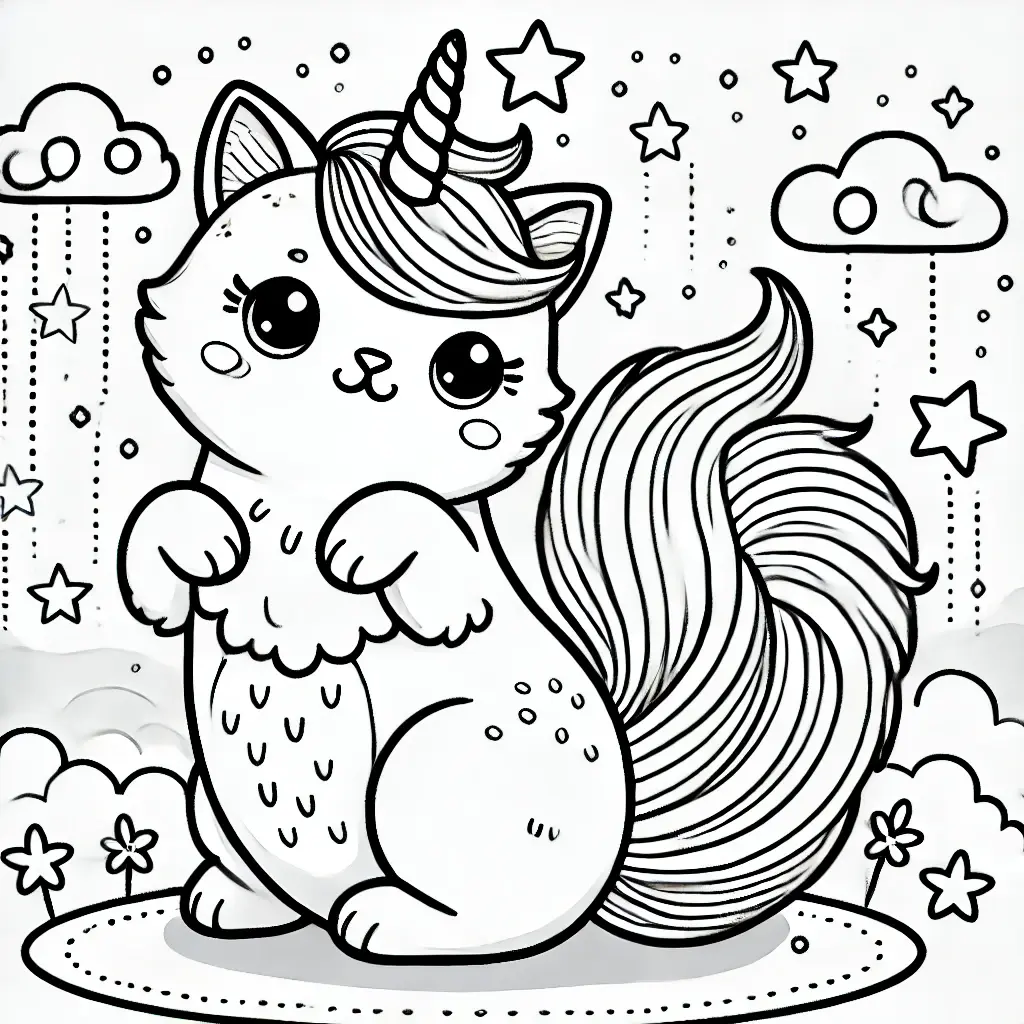 Einhorn Katze Ausmalbild Einhorn-Katze-Ausmalbild mit Regenbogen-Schwanz, Sternen und Wolken.