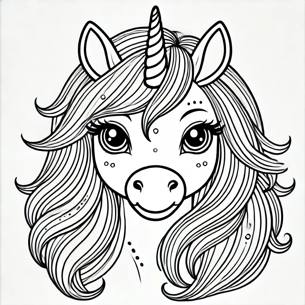 Einhorn Kopf Ausmalbild Einhorn-Kopf-Ausmalbild mit langer, fließender Mähne und einem niedlichen Horn.