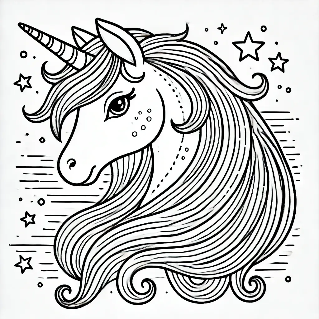 Einhorn Kopf Ausmalbild Einhorn-Kopf-Ausmalbild mit fließender Mähne, Sternen und einem niedlichen Horn.