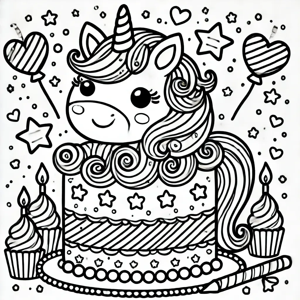 Einhorn Kuchen Ausmalbild Leckeres Ausmalbild mit Einhorn Kuchen, Sternen und Cupcakes. Jetzt kostenlos als PDF herunterladen, ausdrucken und bunt gestalten!