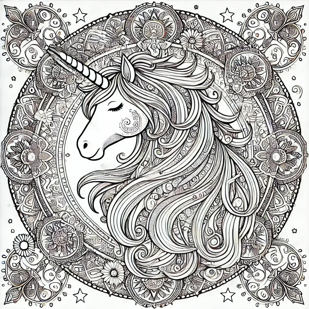 Einhorn Mandala Ausmalbilder Ausmalbild mit Einhorn, umgeben von einem detaillierten Mandala-Design mit Blumen, Sternen und komplexen Mustern.