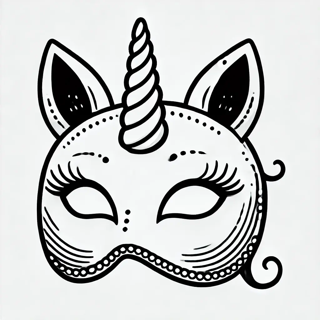 Einhorn Masken Ausmalbilder Ausmalbild einer Einhornmaske mit detaillierten Merkmalen, einschließlich eines gedrehten Horns, Ohren und zarten Details.