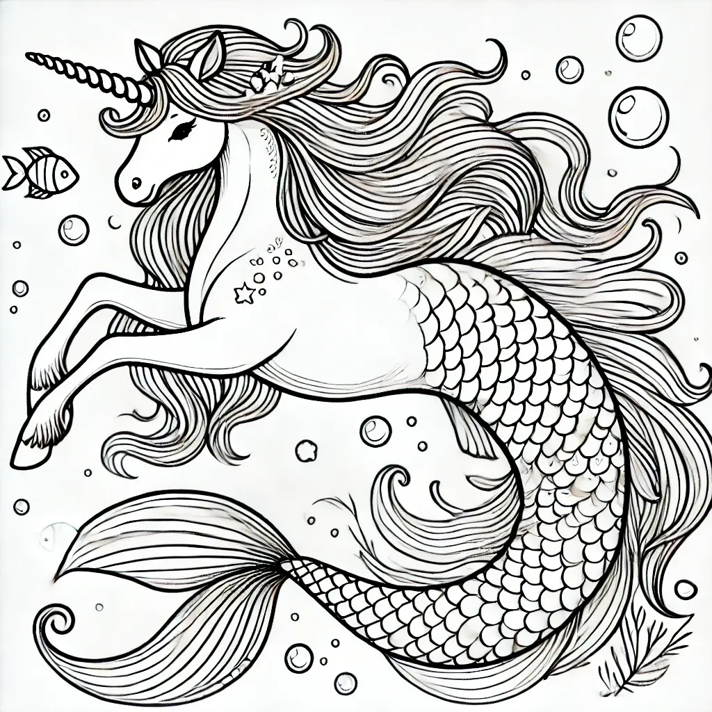 Einhorn Meerjungfrau Ausmalbilder Ausmalbild einer Einhorn-Meerjungfrau mit fließendem Haar, einem fischähnlichen Schwanz mit Schuppen, umgeben von Blasen und einem Fisch, der daneben schwimmt.