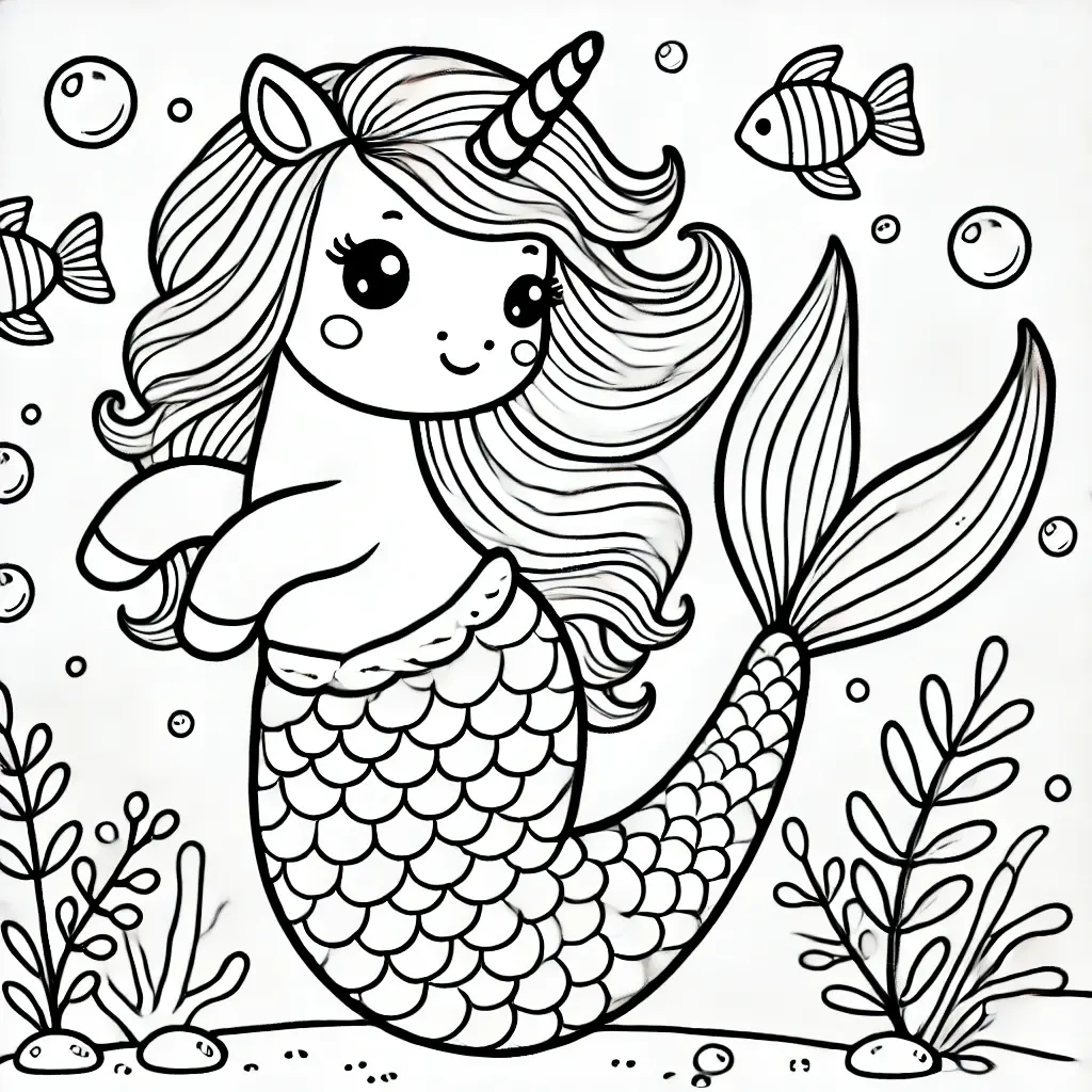 Süßes Einhorn-Meerjungfrau-Ausmalbild mit Fischschwanz, fließendem Haar, umgeben von Blasen, Fischen und Seegras.
