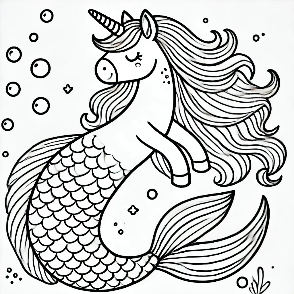 Ausmalbild einer Einhorn-Meerjungfrau mit fließendem Haar, einem fischähnlichen Schwanz mit Schuppen und umgebenden Blasen.