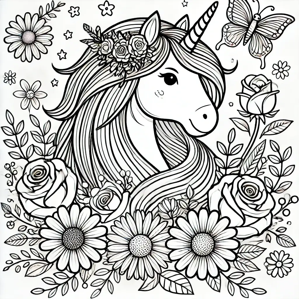 Einhorn-Ausmalbild mit Blumen, Rosen und einem Schmetterling.