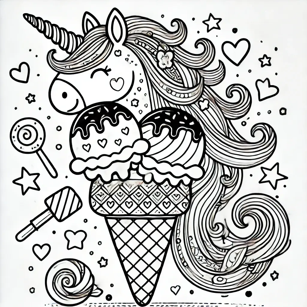 Einhorn Eiscreme Ausmalbild Ausmalbild mit Einhorn und Eisbecher, Lutscher und Bonbons mit Herzen und Sternen.