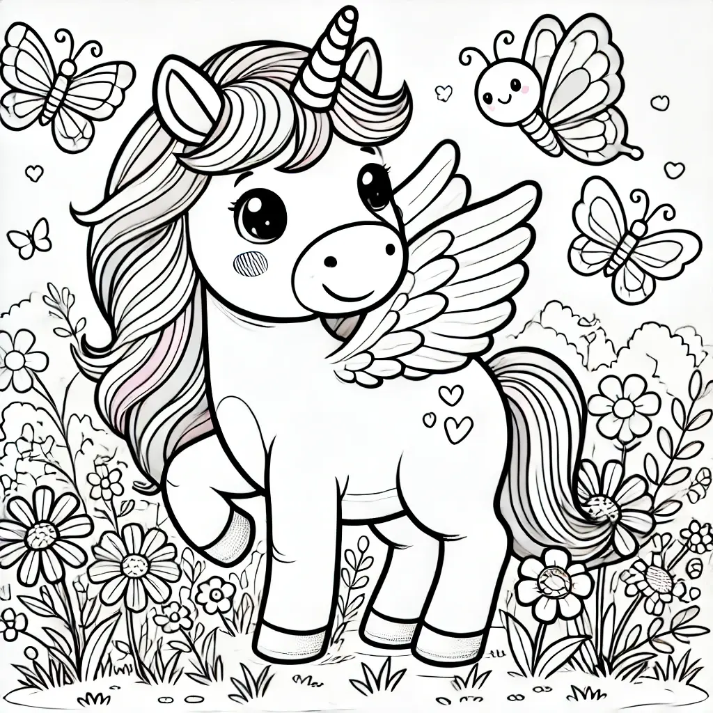 Einhorn mit Flügeln Ausmalbild Ein majestätisches Einhorn mit Flügeln, bereit für ein magisches Ausmalerlebnis.