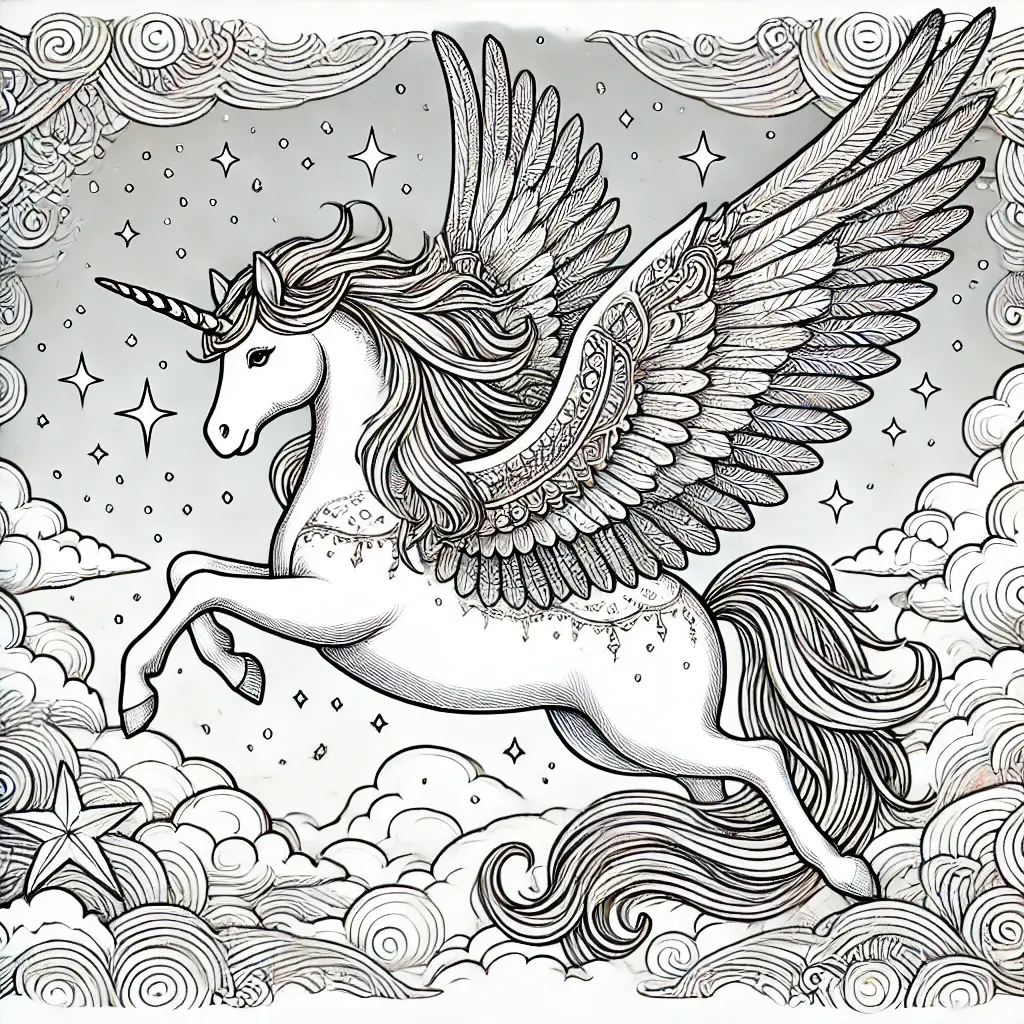Einhorn mit Flügeln Ausmalbild Ein majestätisches Einhorn mit Flügeln, das durch die Wolken und Sterne fliegt, perfekt für ein magisches Ausmalerlebnis.