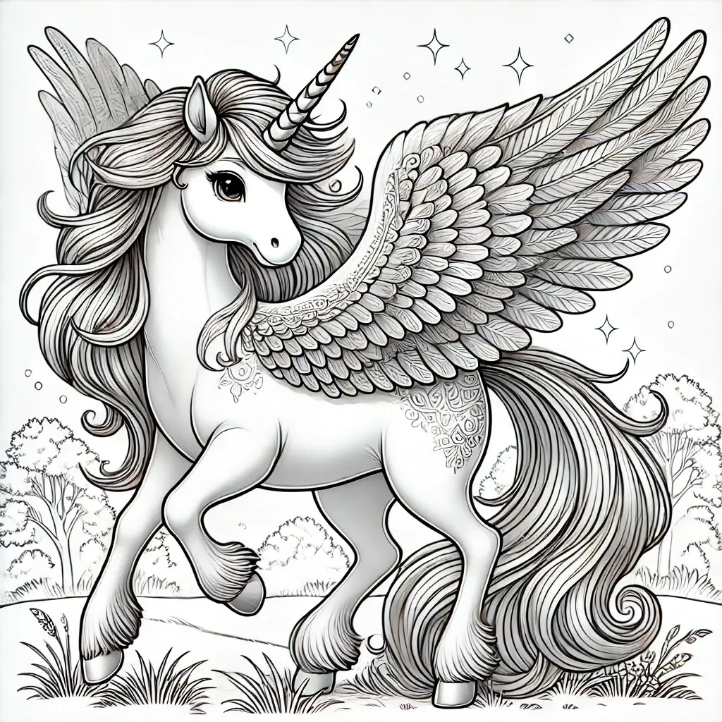 Einhorn mit Flügeln Ausmalbild Ein süßes Einhorn mit Flügeln, umgeben von Schmetterlingen und Blumen, bereit für ein magisches Ausmalerlebnis.