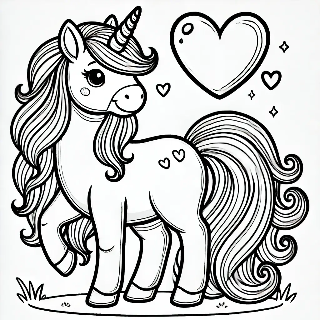 Einhorn mit Herz Ausmalbild Ein niedliches Einhorn mit Herzen, ideal für ein kreatives Ausmalbild.