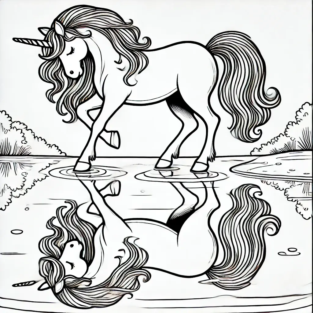 Einhorn Spiegelung im Wasser Ausmalbild Einhorn-Ausmalbild mit seiner Reflexion im Wasser.
