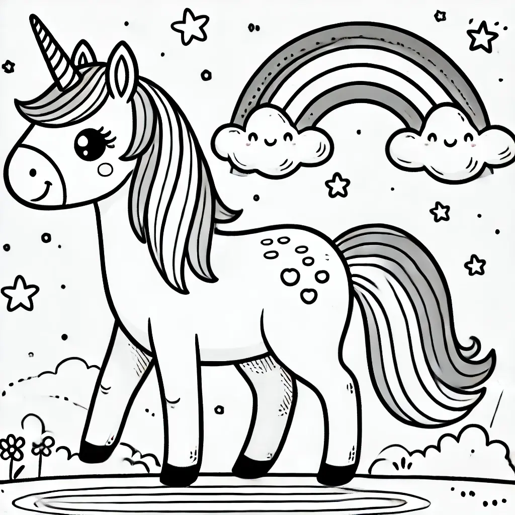 Einhorn Regenbogen Ausmalbild Süßes Einhorn mit Regenbogen und Sternen zum Ausmalen für Kinder.