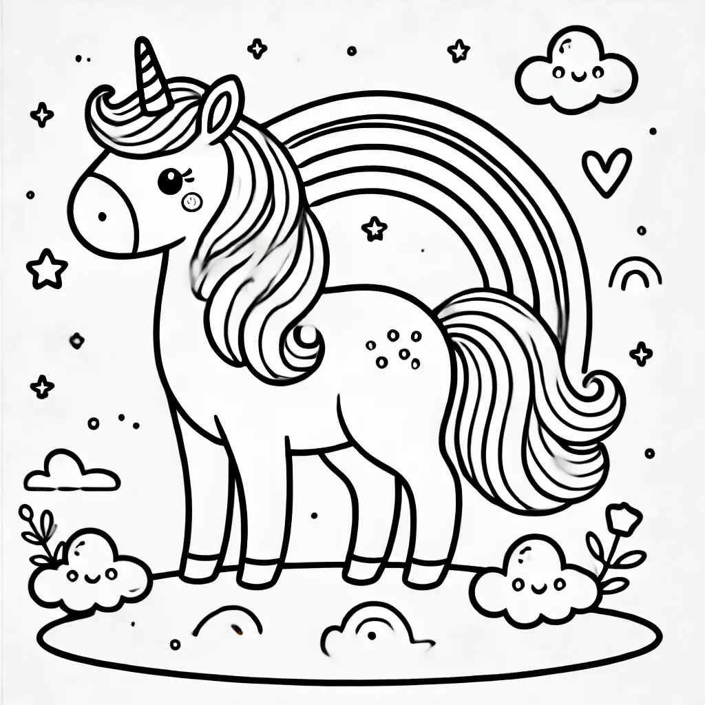 Ausmalbild von Einhorn und Regenbogen zum Ausmalen.