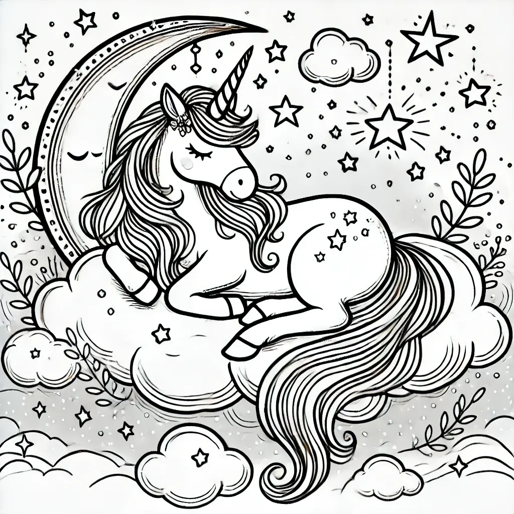 Einhorn schläft und träumt Ausmalbild Ein friedliches Einhorn schläft und träumt mit Sternen und Wolken, ideal für ein Ausmalbild.