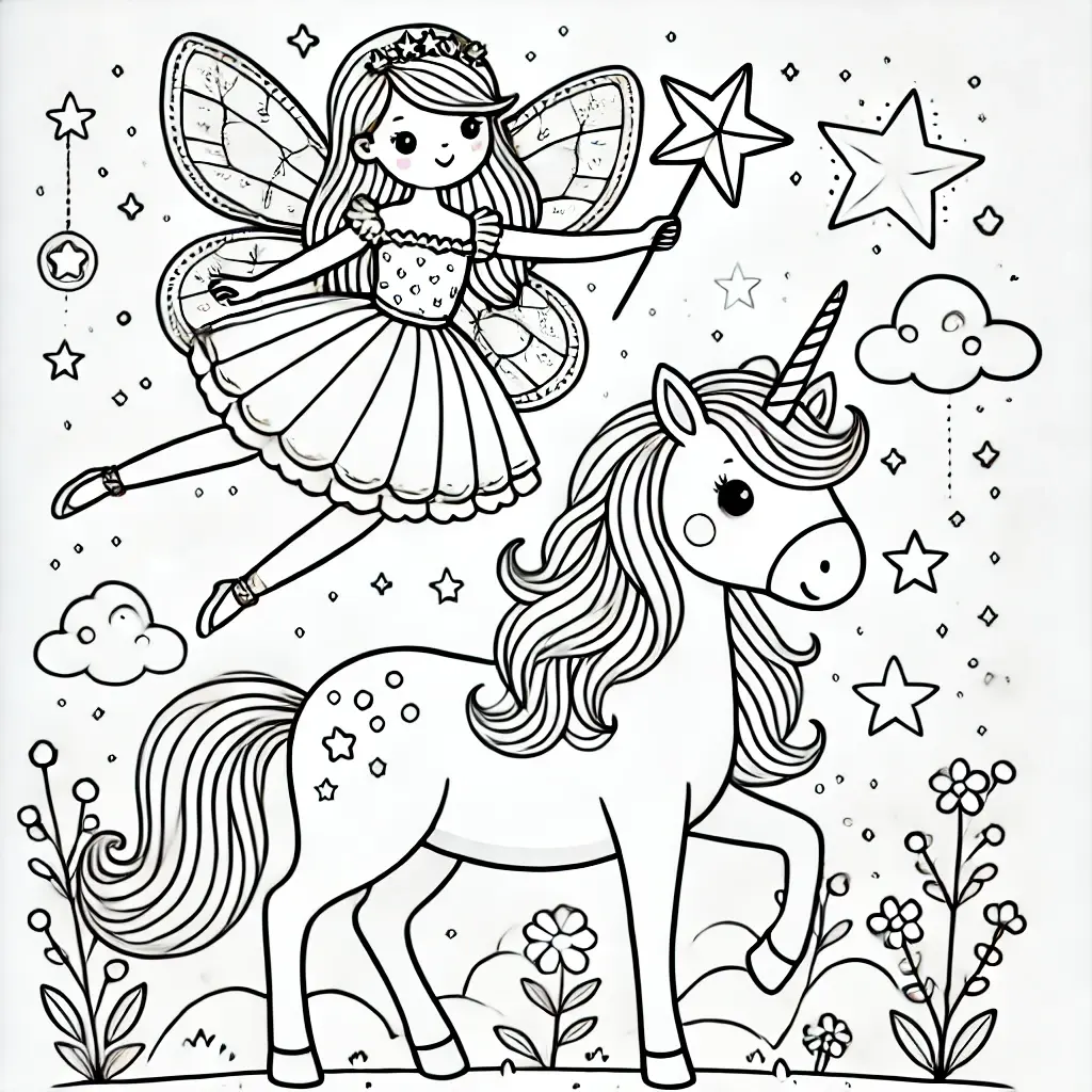 Feen mit Einhorn Ausmalbild Fee reitet ein Einhorn-Ausmalbild mit Sternen, Schmetterlingen und einem Zauberstab.