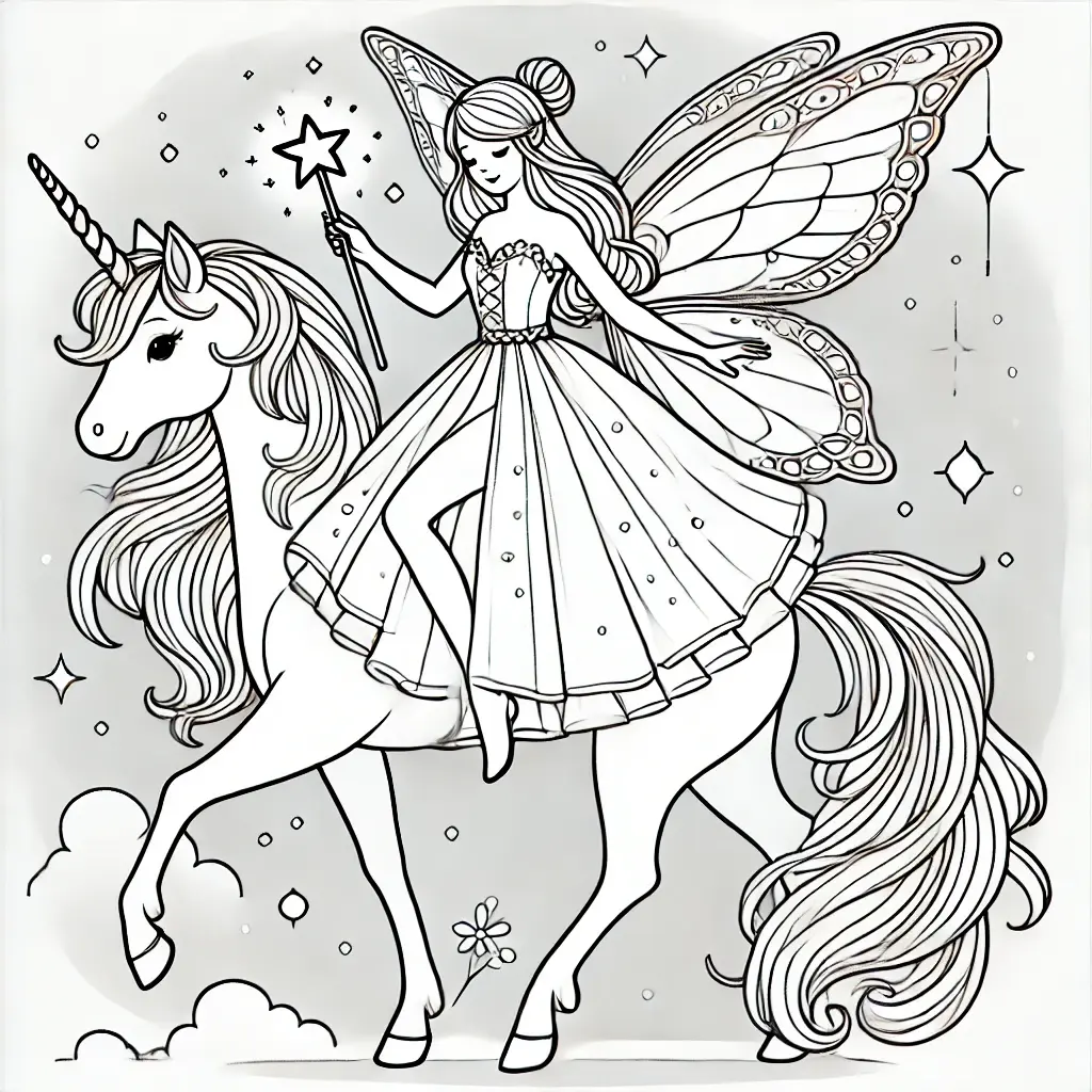 Feen mit Einhorn Ausmalbild Fee reitet ein Einhorn-Ausmalbild mit Sternen, Wolken und einem Zauberstab.