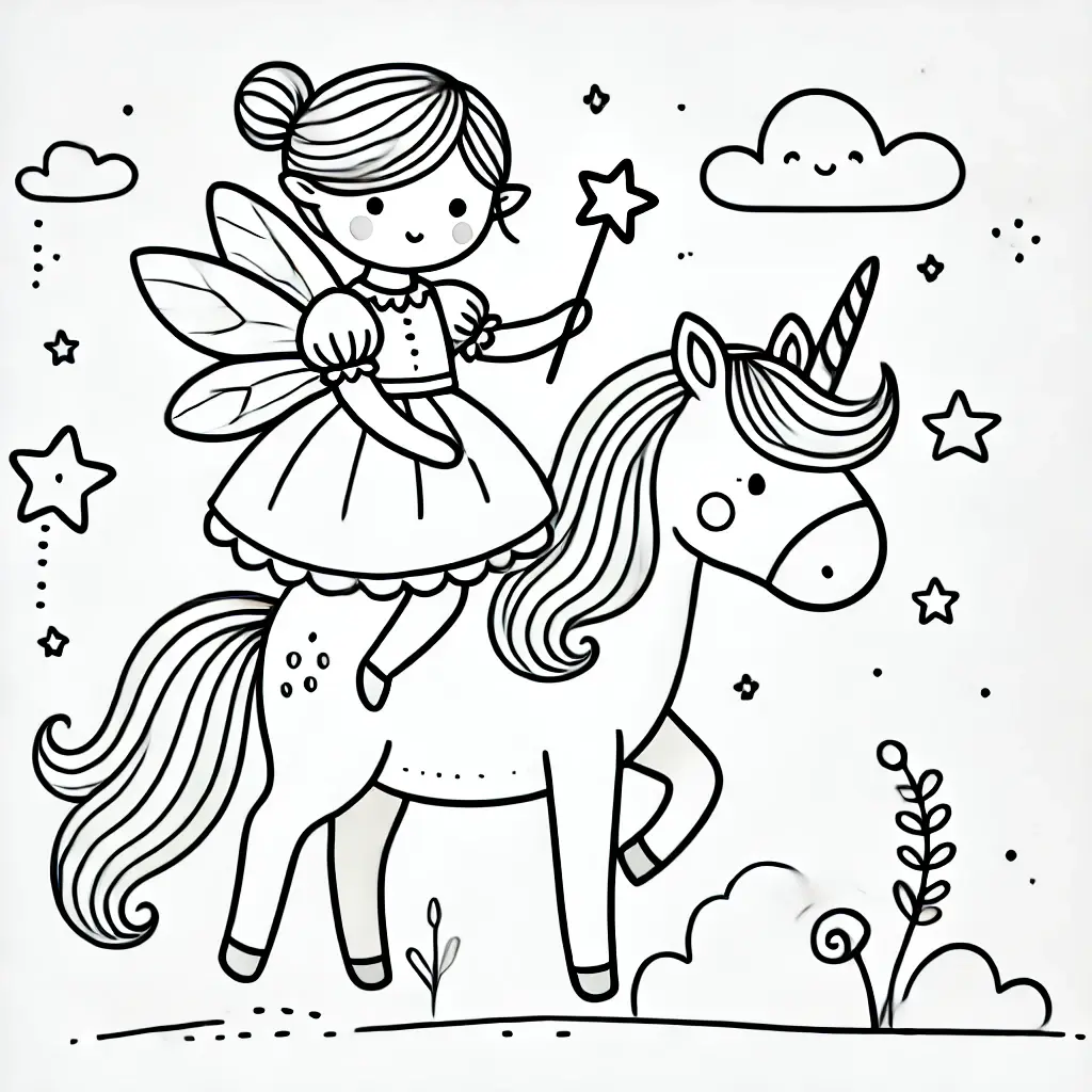 Feen mit Einhorn Ausmalbild Fee fliegt mit Einhorn-Ausmalbild mit Sternen, Wolken und einem Zauberstab.
