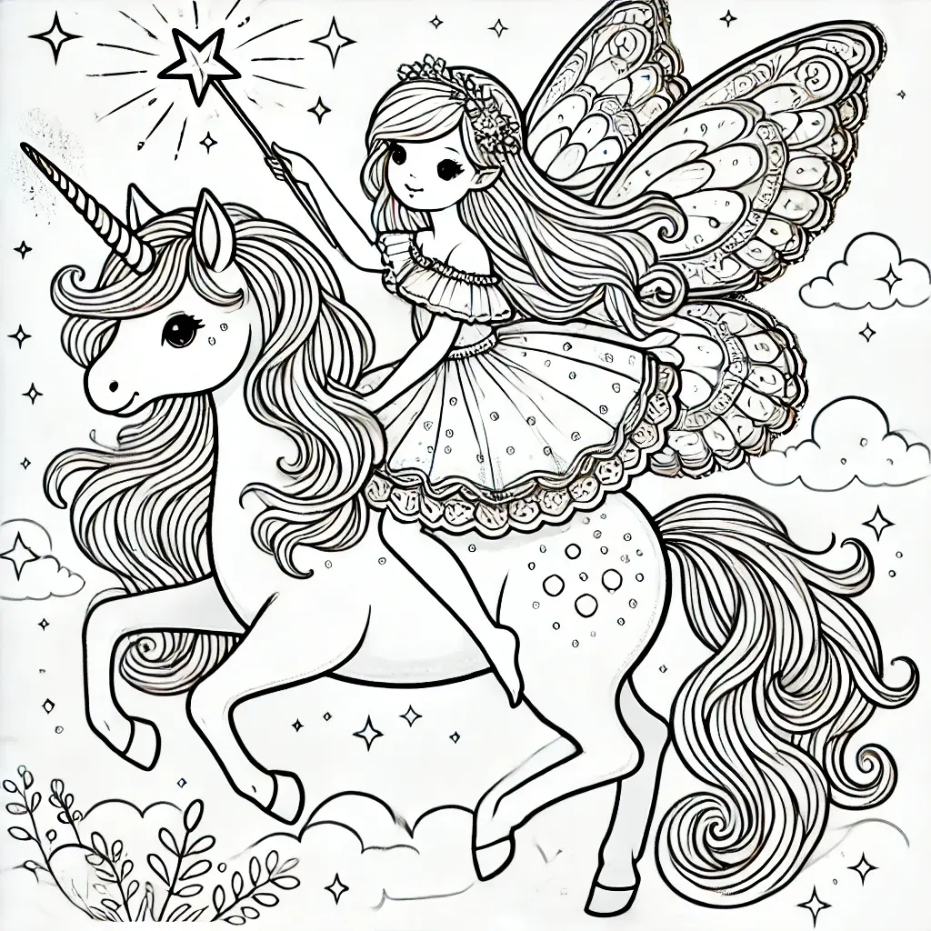 Feen mit Einhorn Ausmalbild Fee reitet ein Einhorn-Ausmalbild mit Sternen, Wolken und einem Zauberstab.
