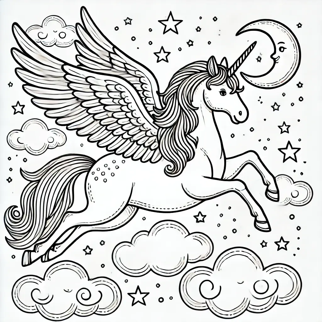 Pegasus Einhorn Ausmalbild Pegasus-Einhorn-Ausmalbild mit Flügeln, Sternen und Wolken.