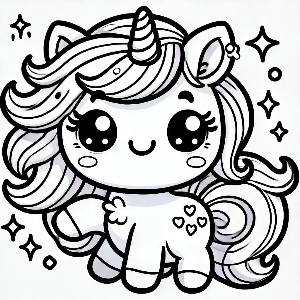 Kawaii Einhorn-Ausmalbild mit Herzen und Glitzer.