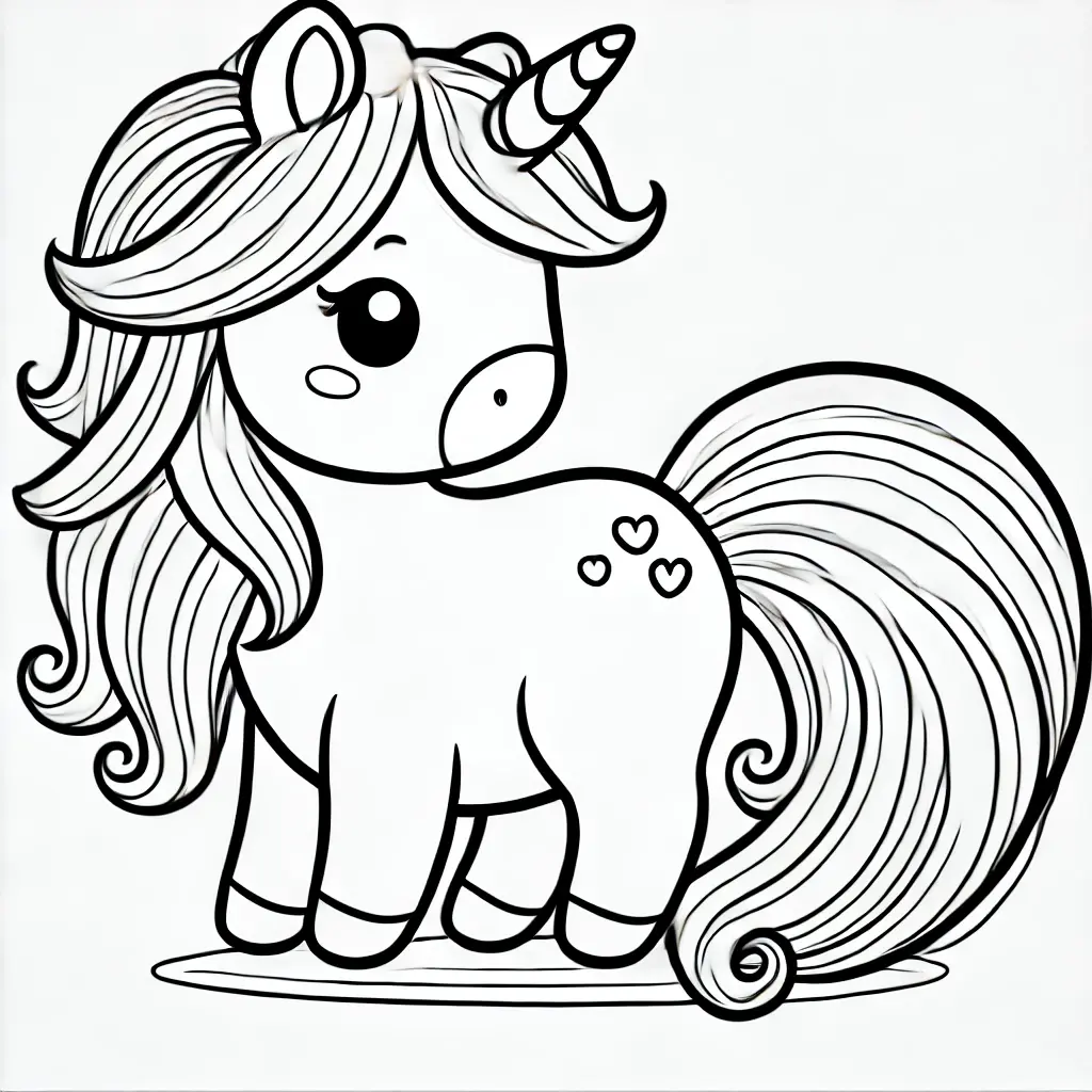 Kleines Einhorn mit langer Mähne Ausmalbild Kleines Einhorn mit langer Mähne und Herzen an der Seite-Ausmalbild.