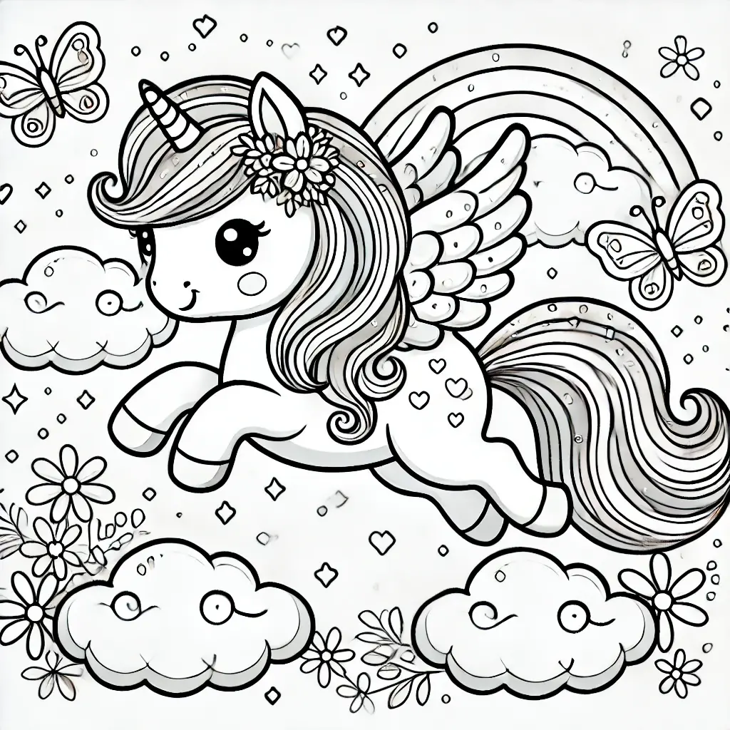 Kleines Pegasus Ausmalbild für Kinder Ein niedliches kleines Pegasus mit Flügeln und einem Blumenkranz, das durch Wolken fliegt, mit Schmetterlingen und einem Regenbogen, perfekt für das Ausmalen von Kindern.