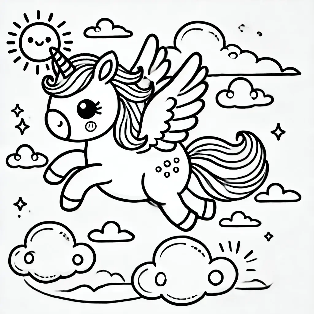 Kleines Pegasus Ausmalbild für Kinder Ein niedliches kleines Pegasus, das durch die Wolken fliegt, mit Flügeln, einer lächelnden Sonne und Sternen, perfekt für das Ausmalen von Kindern