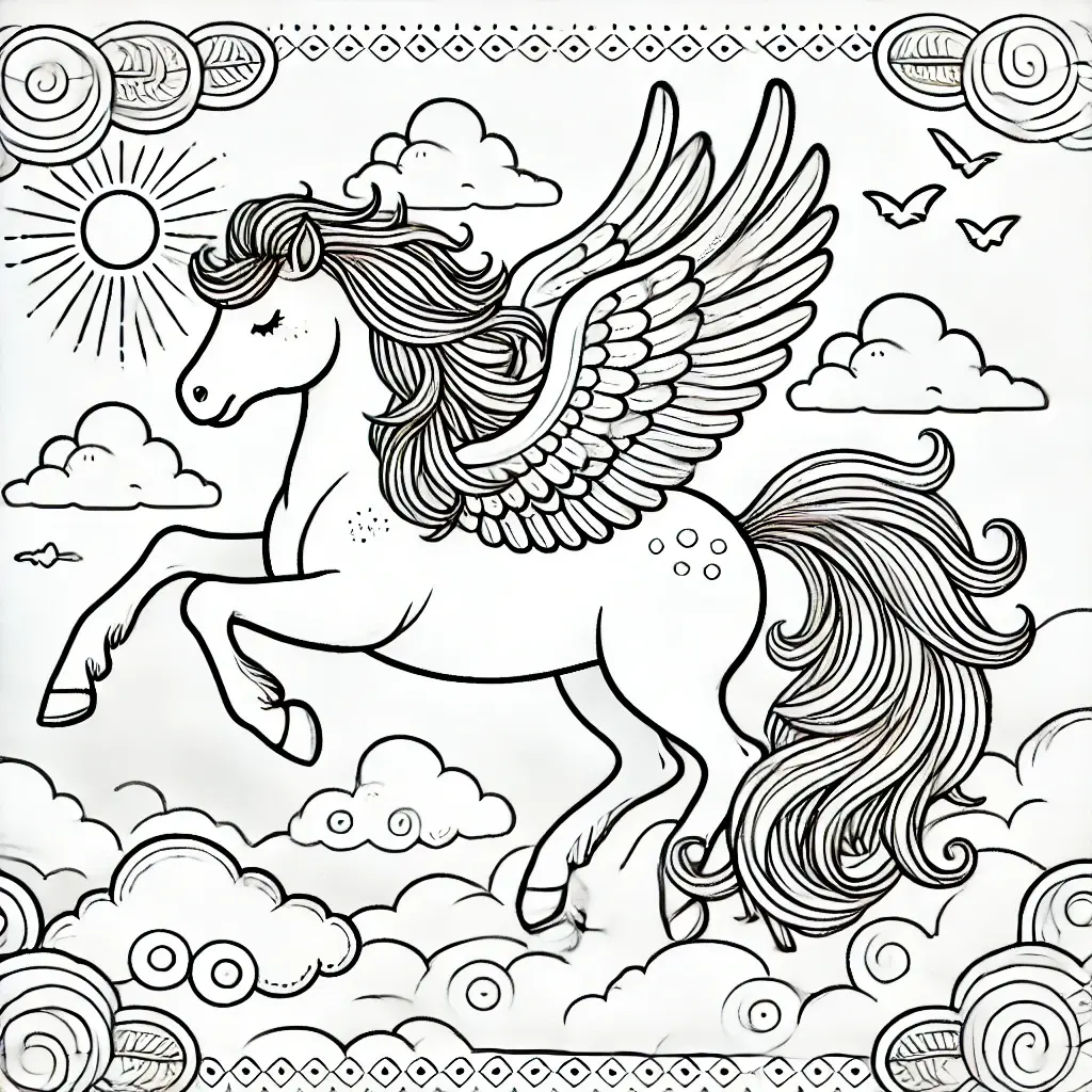 Pegasus auf Wolken Ausmalbild Magisches Ausmalbild mit einem fliegenden Pegasus auf Wolken. Jetzt als PDF kostenlos herunterladen, ausdrucken und fantasievoll ausmalen!