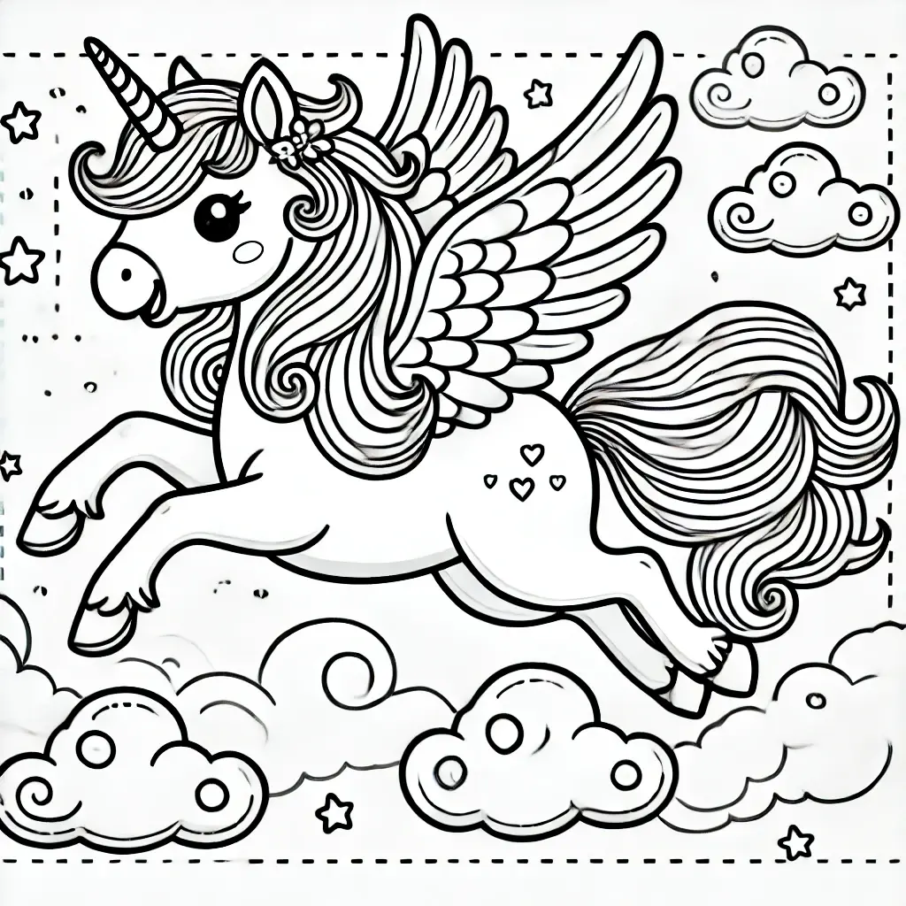 Fliegendes Einhorn-Ausmalbild mit Flügeln, Sternen, Wolken und einem Halbmond