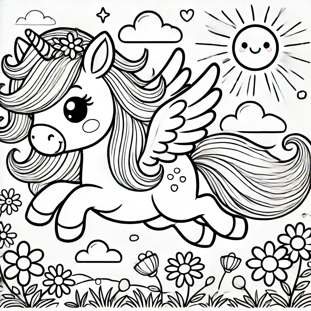 Pegasus als kostenloses Ausmalbild Ein niedliches Pegasus mit Flügeln und einem Blumenkranz, das durch den Himmel fliegt, umgeben von Sonne, Wolken und Blumen, perfekt für ein kostenloses Ausmalbild für Kinder.