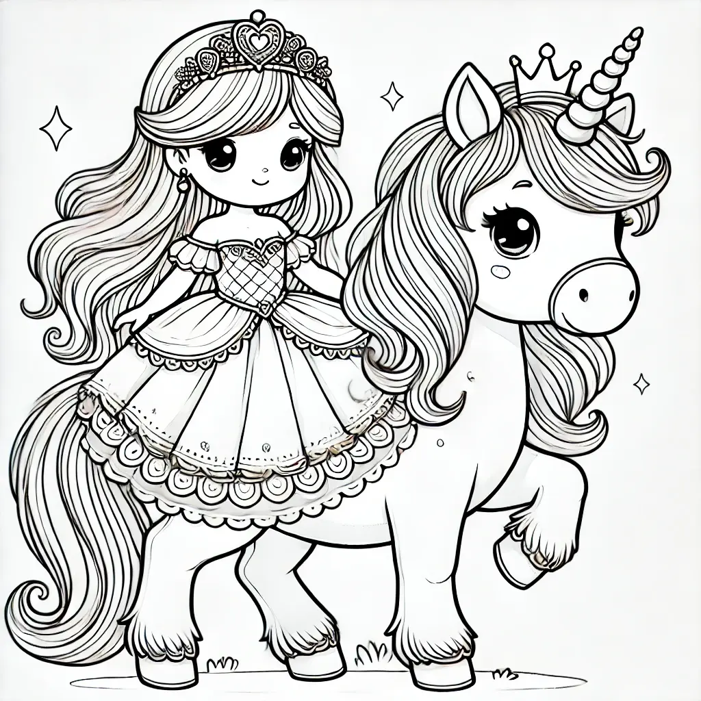 Prinzessin Einhorn Ausmalbild Prinzessin reitet ein Einhorn-Ausmalbild mit einer Krone, Sternen und einer fließenden Mähne.