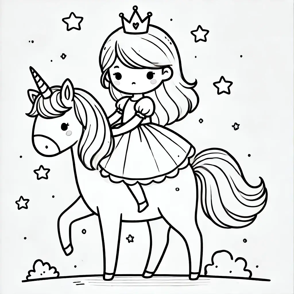 Prinzessin Einhorn Ausmalbild Prinzessin mit Einhorn-Ausmalbild, trägt eine Krone und ein schönes Kleid.